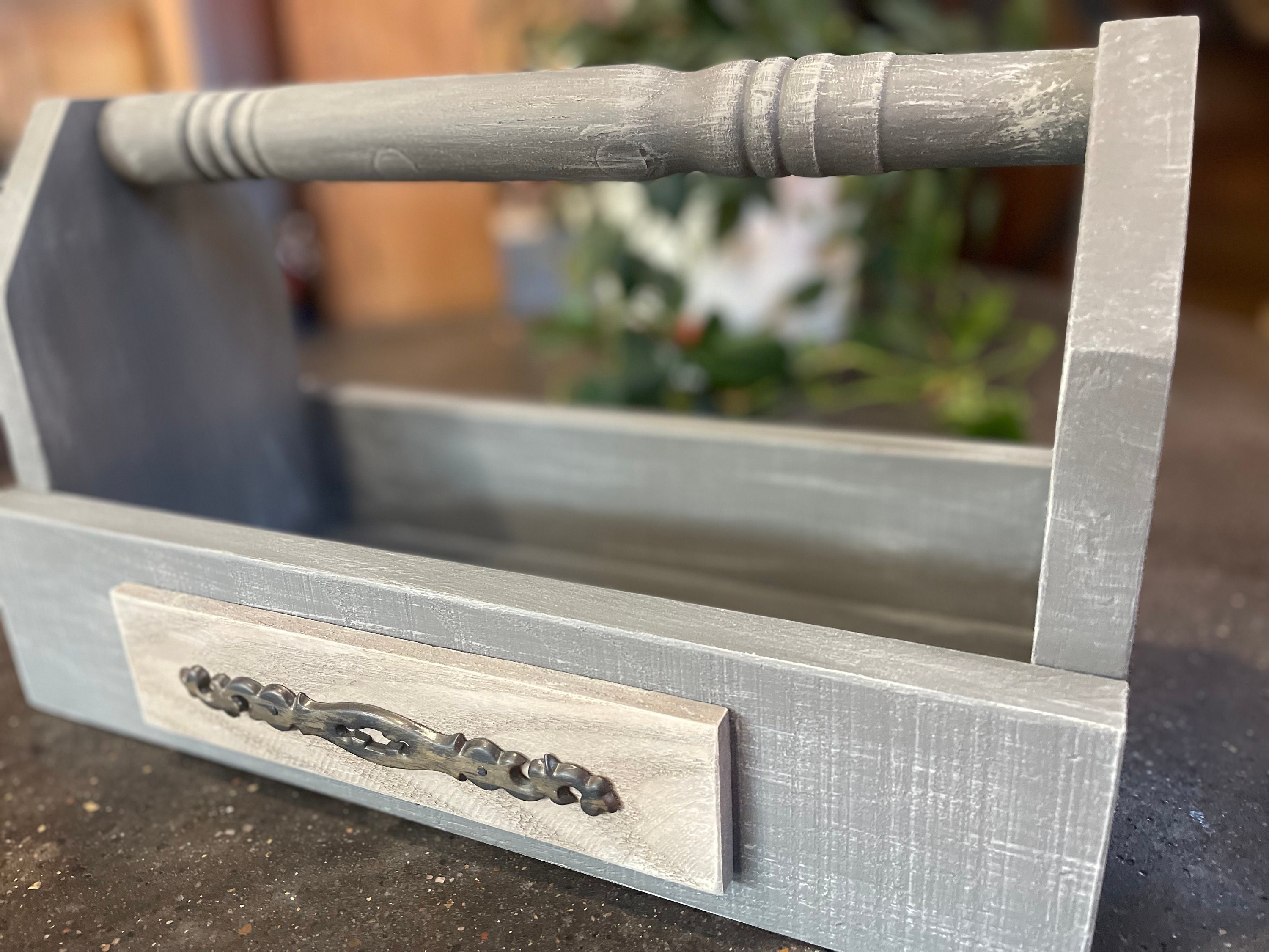 Solid Wood Caddy With Handle Painted Tool Box Spindle Handle Kitchen