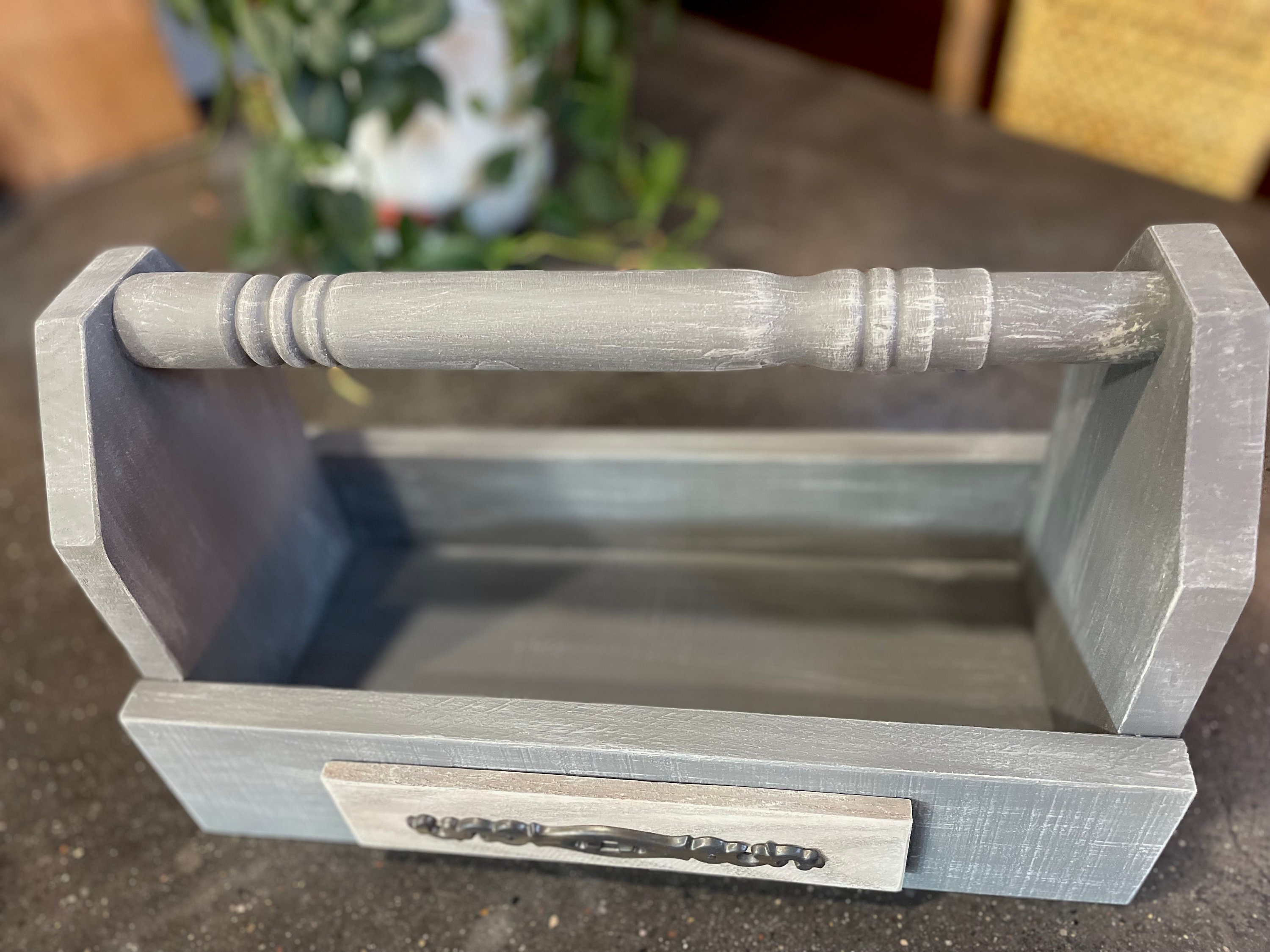 Solid Wood Caddy With Handle Painted Tool Box Spindle Handle Kitchen