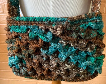Bolso bandolera de escamas de dragón de crochet hecho a mano - Multicolor azul y marrón