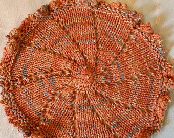 Paño de cocina tejido con flores, redondo, de algodón con borde de picot, color naranja quemado moteado, 25 cm (10 pulgadas)