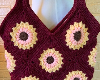 Bolso de mano de ganchillo hecho a mano con diseño de girasol, color rojo vino, hilo acrílico, forro de algodón, 13x13 pulgadas.