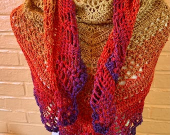 Chal ombré de ganchillo hecho a mano - Tostado, rojo, morado