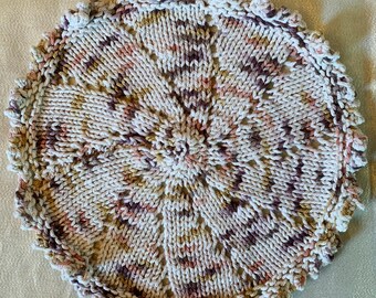 Paño de cocina redondo de punto con estampado floral, de algodón con borde de picot, color beige jaspeado, 25 cm (10 pulgadas)