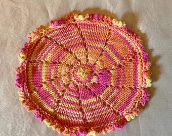 Paño de cocina tejido con flores, redondo, de algodón con borde de picot, rosa, naranja y amarillo, 25 cm (10 pulgadas)