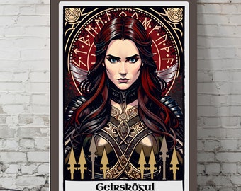 Norse Valkyrie Geirskogul Tarot Style Art Poster - Unleash the Shieldmaiden Within, Eldar Futhark Design