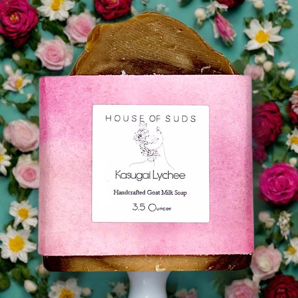 Kasugai Lychee Goat Milk Soap with detoxifying rose clay, handcrafted, cold processed