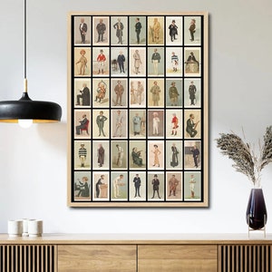 Op de afbeelding: Een vintage illustratieposter met een verzameling van 48 verschillende mannen in verschillende poses en kledingstijlen. De poster is ingelijst in een bruin houten frame.