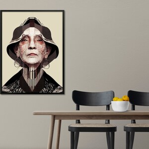 May include: A black and white portrait of an older woman wearing a black hat with a geometric pattern. The woman has a serious expression and is looking directly at the viewer.