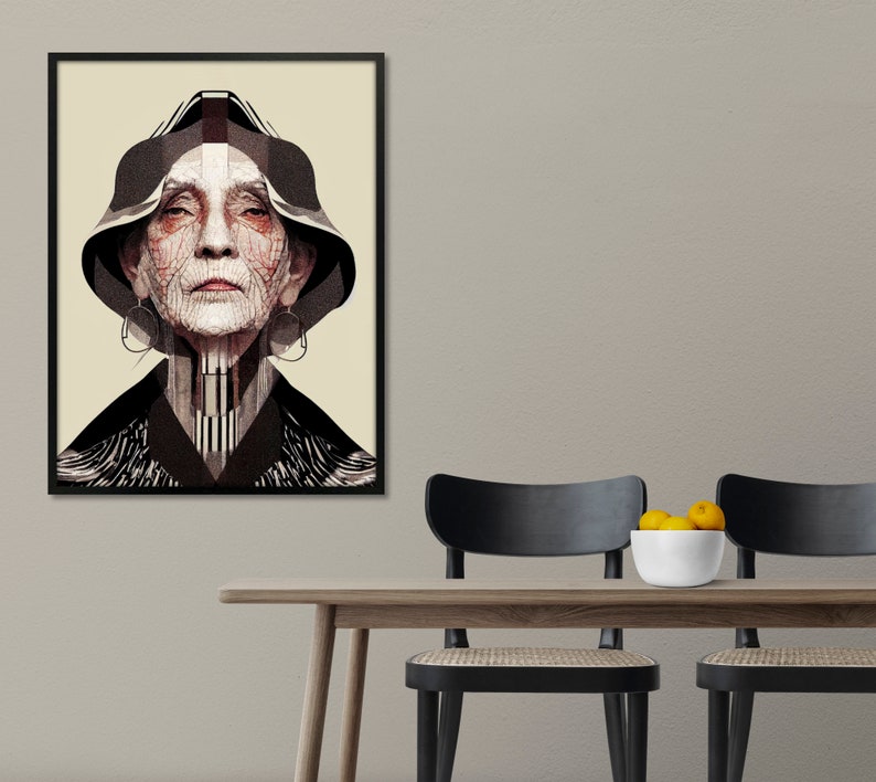 May include: A black and white portrait of an older woman wearing a black hat with a geometric pattern. The woman has a serious expression and is looking directly at the viewer.