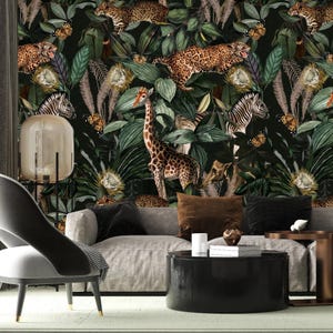 Tropischer Dschungel Tapete, Abziehen und Aufkleben und Traditionelle Tapete, Leopard, Elefant, Giraffe, Zebra-Tapete, Boho Vibes Dekor