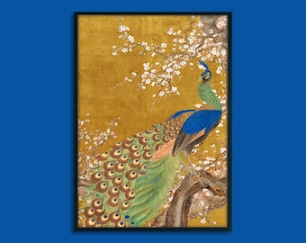 Vintage Peacock Print, Oriental Bird Art, Cherry Blossom