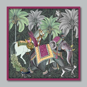 Amravati Druck, Indischer Druck, Indische Volkskunst, Indien Wand Kunst Dekor, lebendige Drucke, Mughal Kunstdruck, Tropischer Druck, Elefant Druck
