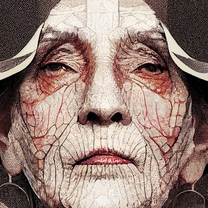 May include: A close-up of an elderly person's face with detailed lines and wrinkles. The person is wearing a dark hat with a white trim.