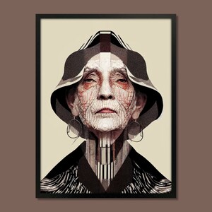 May include: A black and white portrait of a woman wearing a black hooded garment with geometric patterns. The woman has a weathered face and is looking directly at the viewer.