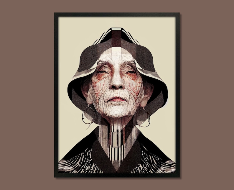 May include: A black and white portrait of a woman wearing a black hooded garment with geometric patterns. The woman has a weathered face and is looking directly at the viewer.