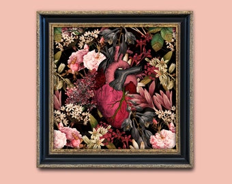 Vintage Heart Floral Art Print, Romantic Pink Flowers Poster, Boho Wall Decor