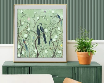 Vintage chinoiserie pauwkunstprint, gebloemde vogels