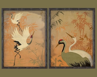 Chinoiserie Crane Art Print, Oriental Art Deco, Bamboo Bird Print