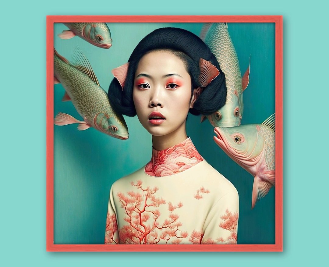 Oriental Fish Girl Art Print, Japanese Portrait, AI Art, Modern Art Print, Photography Print