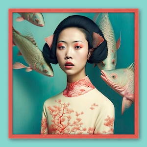 Oriental Fish Girl Art Print, Japanese Portrait, AI Art, Modern Art Print, Photography Print, Fine Art Photo
