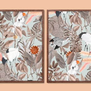 Chinoiserie Print, Crane Print, Parrot Print, Floral Art Print, Bird Art Print, Vintage Art