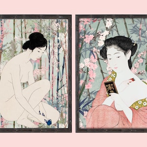 Japanese Geisha Prints, Japanese Art, Oriental Art, Vintage Floral Art Print, Bamboo Print, Collage Art, Set of 2 Prints