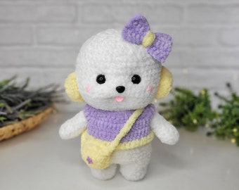 Crochet puppy "Candy" Finished toy Beautiful gift Plush dog Amigurumi White Lilac Yellow