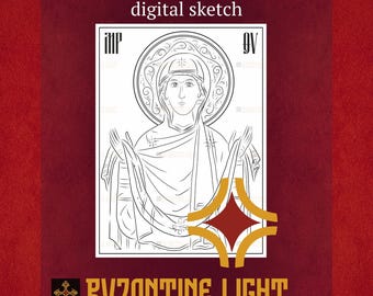 Icono de la Theotokos, boceto bizantino, arte lineal, icono cristiano imprimible (descarga digital)