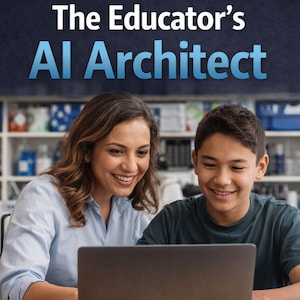 Puede incluir: Una mujer y un joven sonríen mientras miran una computadora portátil. El texto "The Educator's AI Architect" está en la parte superior de la imagen. Estanterías con equipos de laboratorio en el fondo.