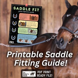 May include: A printable saddle fitting guide with the text "SADDLE FIT quick reference guide" and illustrations. The guide is pinned to a wall with a red push pin. A brown horse is in the background.