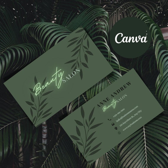 Sage Green business card design, Luxury business card for beauty, Neon Minimalist Business card, Canva Editable template, Instant Download