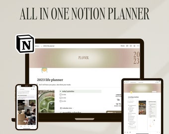 NOTION PLANNER todo en uno / plantilla estética y amigable para principiantes, panel definitivo, rastreador de hábitos, planificación de objetivos, 2023