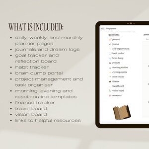 May include: A digital planner for 2023 with a list of features including daily, weekly, and monthly planner pages, journals and dream logs, goal tracker, reflection board, habit tracker, brain dump portal, project management and task organizer, morning and evening reset routine templates, finance tracker, travel board, vision board, and links to helpful resources.