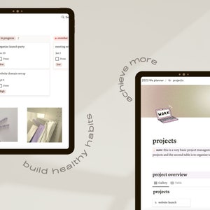 May include: A screenshot of a website with a light brown background and the text "achieve more" in a circle. The website is a life planner with a section for projects. The projects section has a list of projects, including "website launch".