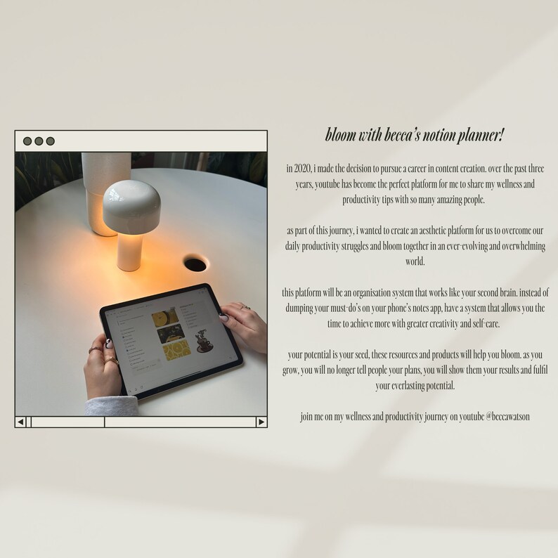 May include: A digital tablet with a light background and a screen displaying a colorful graphic design. The tablet is on a white surface with a small white lamp in the background. The text on the screen reads "bloom with becca's notion planner!" and includes information about a productivity and wellness journey on YouTube.
