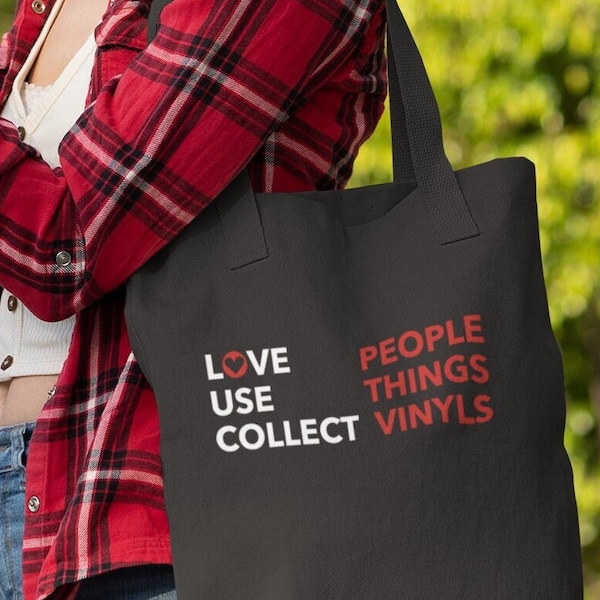 Nerd Minimalism Collectible Jute Bag - Love People Use Things Collect Vinyls - Sac à provisions ringard imprimé sur un côté - Noir