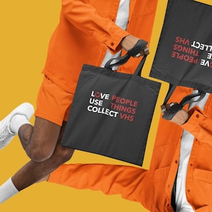 Nerd Minimalism Collectible Jute Bag - Love People Use Things Collect VHS - Nerdy Shopping Bag Printed on One Side - Black