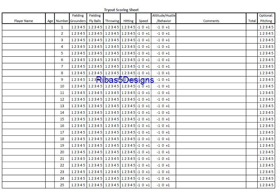 Baseball Softball Tryout Evaluation Sheet Printable Download PDF Etsy
