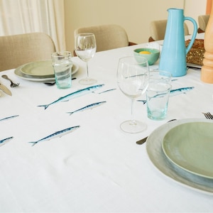 Cotton tablecloth "Sardine Mackerel Bench" - Rectangular 250x160 cm - French artisanal production