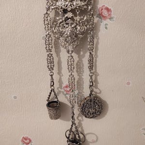Antique Plated Chatelaine: Sewing Notions, Silver Thimble & Scissors