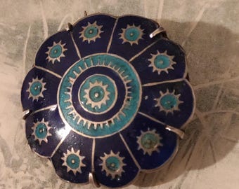Antique  Brooch:  Silver & Navy and Aqua coloured Enamel.
