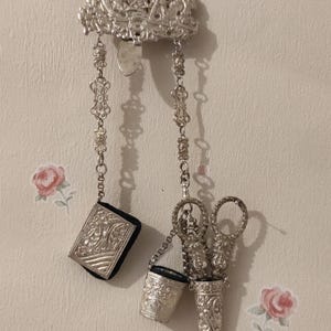 Antique Plated Chatelaine: Sewing Notions, Silver Thimble, Ornate Scissors