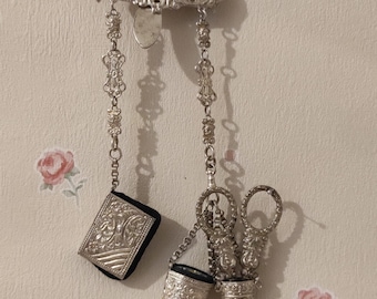 Antique Chatelaine: Plated, Sewing Notions, Silver Thimble, Ornate Scissors.