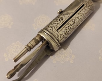 Chatelaine,Folding/ Retractable, Antique Victorian tools,Silver Decorative casing,Blank Cartouche to personalise,Rare.