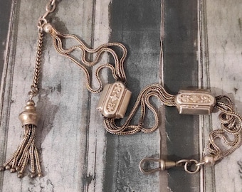 スターリングシルバーの懐中時計チェーン ダブルアルバートTバー