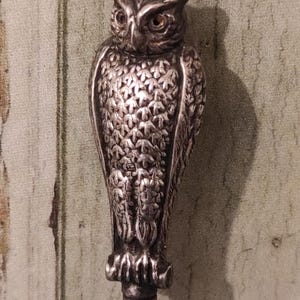 May include: A silver-colored owl-shaped decorative object. The owl has detailed feather patterns and orange-brown eyes. The object is likely a handle or topper for a utensil or decorative item.