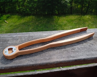 Barbecue tongs made of beech wood with bottle opener can be personalized