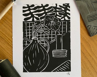 Linocut print "Poppy" - handmade, A4 format, art print from linocut