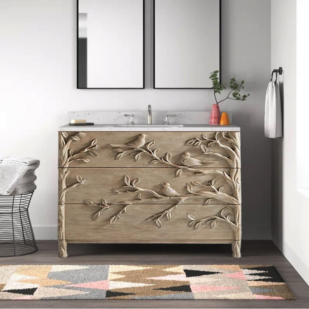 Hand Carved Bathroom Vanity, Carved Vanity, Bird Twodrawer Furniture