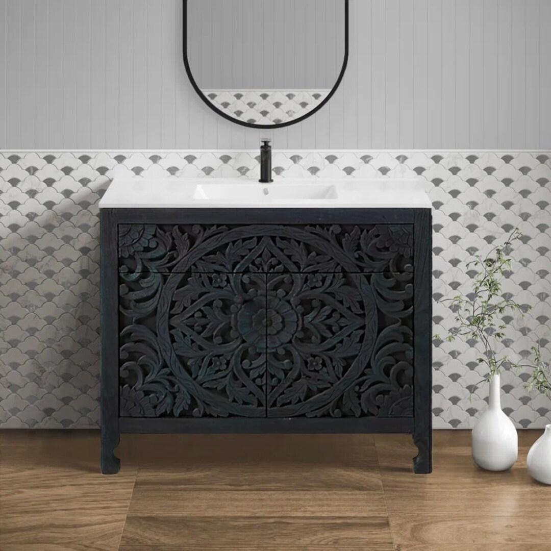 Hand Carved Bathroom Vanity, Carving Single Vanity, Furniture Vanity
